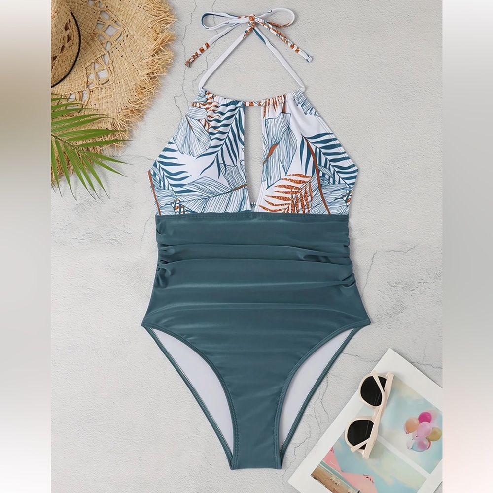 Plus Colorblock Tropical Print Halter One Piece Swimsuit 1XL (14)